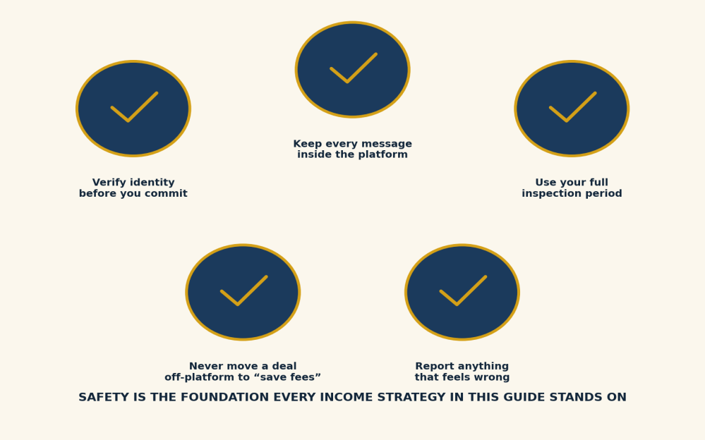 Five habits that protect every deal: verify identity before you commit, keep every message inside the platform, use your full inspection period, never move a deal off-platform to save fees, report anything that feels wrong. Safety is the foundation every income strategy in this guide stands on.